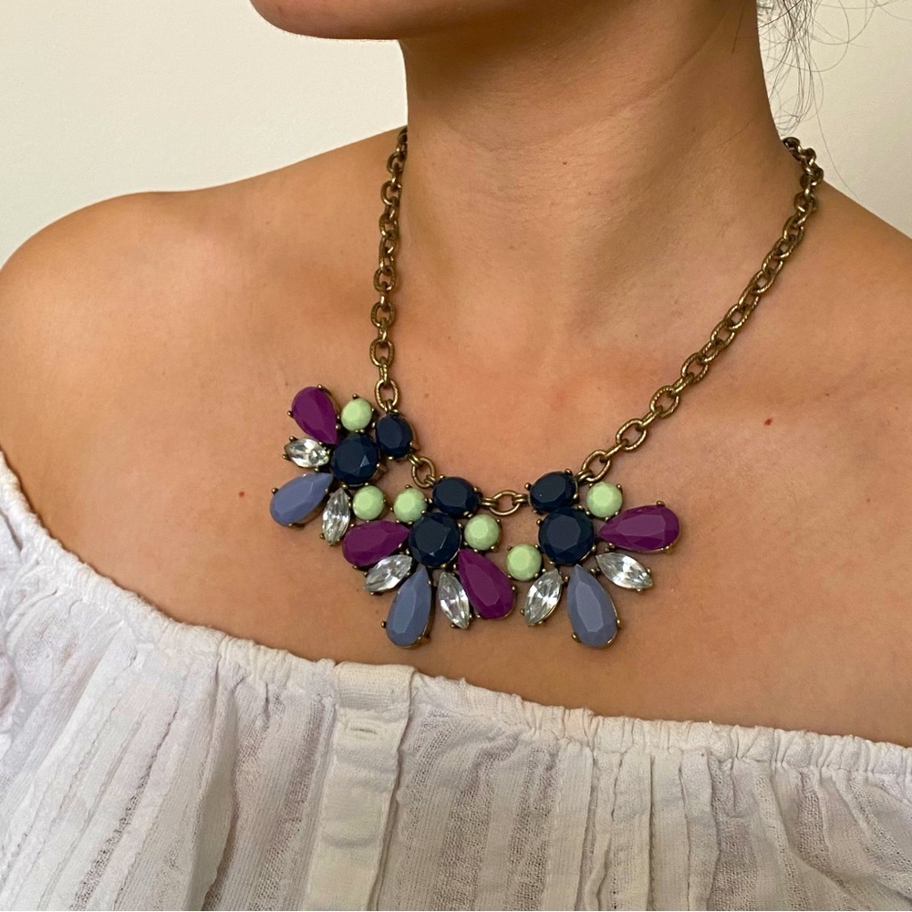 J Crew Floral Blue Purple Statement Necklace | Adjustable Length - Picture 3 of 4